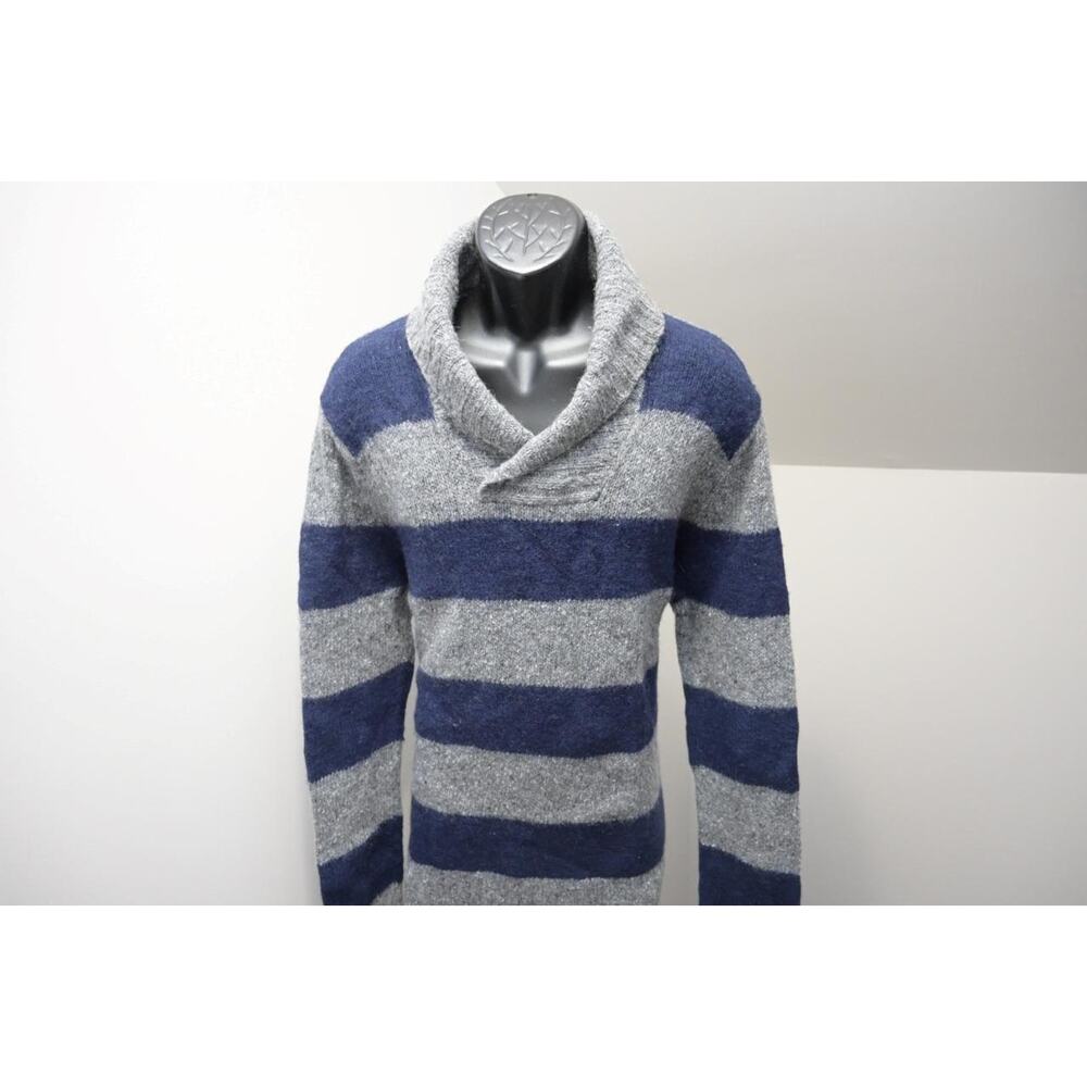 Express Sweater Mens XL Blue Gray Striped Shawl Neck Wool Blend Pullover Good